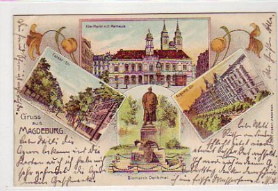 Magdeburg Jugendstil Litho mit Bismarck Denkmal von 1903