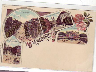 Magdeburg Kaiserstrasse,Bahnhof,Wilhelmstr.,Litho ca 1900