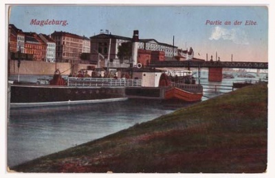 Magdeburg Partie an der Elbe mit Dampfer 1915