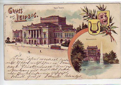 Leipzig Litho von 1904 , Theater,Schwanenteich